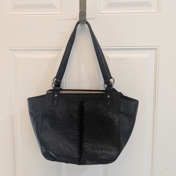 The Sak Bolinas Leather Satchel Black Leaf Embossed - Picture 3 of 7